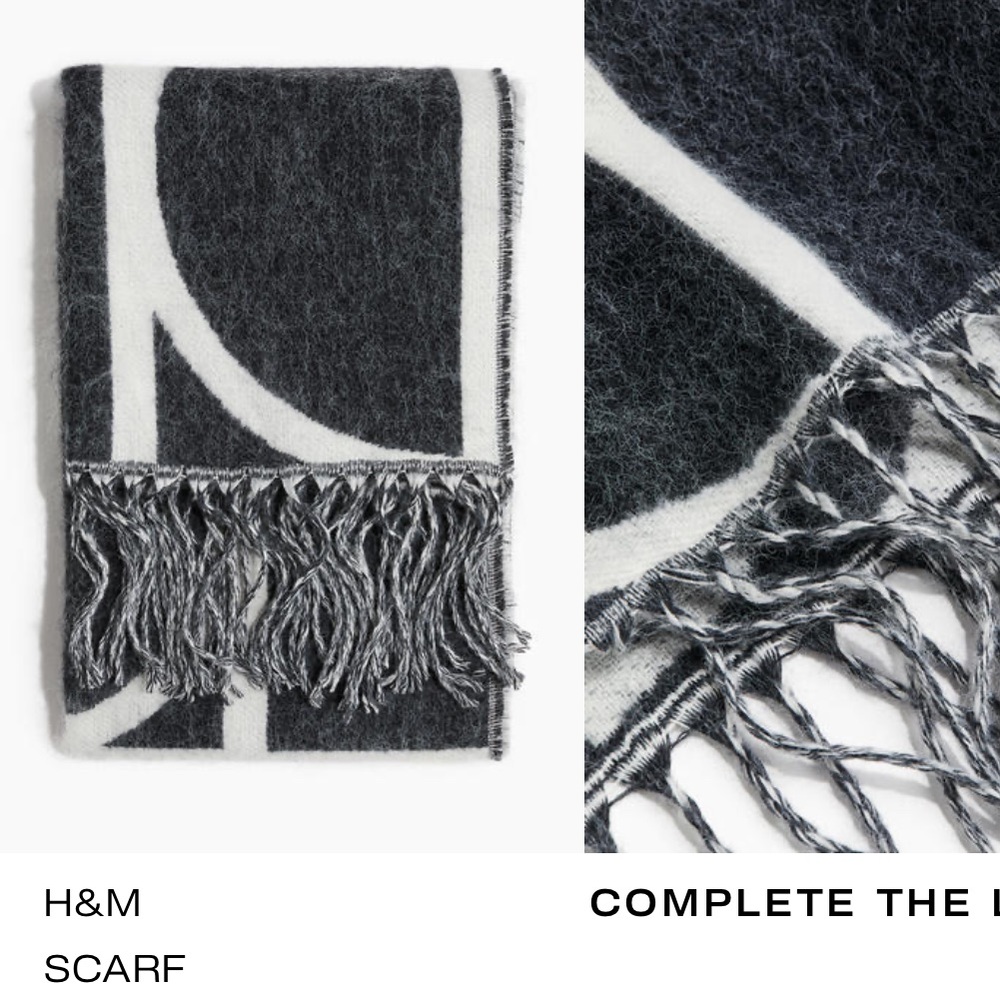 • F R E E • NWT • H&M • Gray & White Patterned Wool Scarf with Fringe - Picture 2 of 6